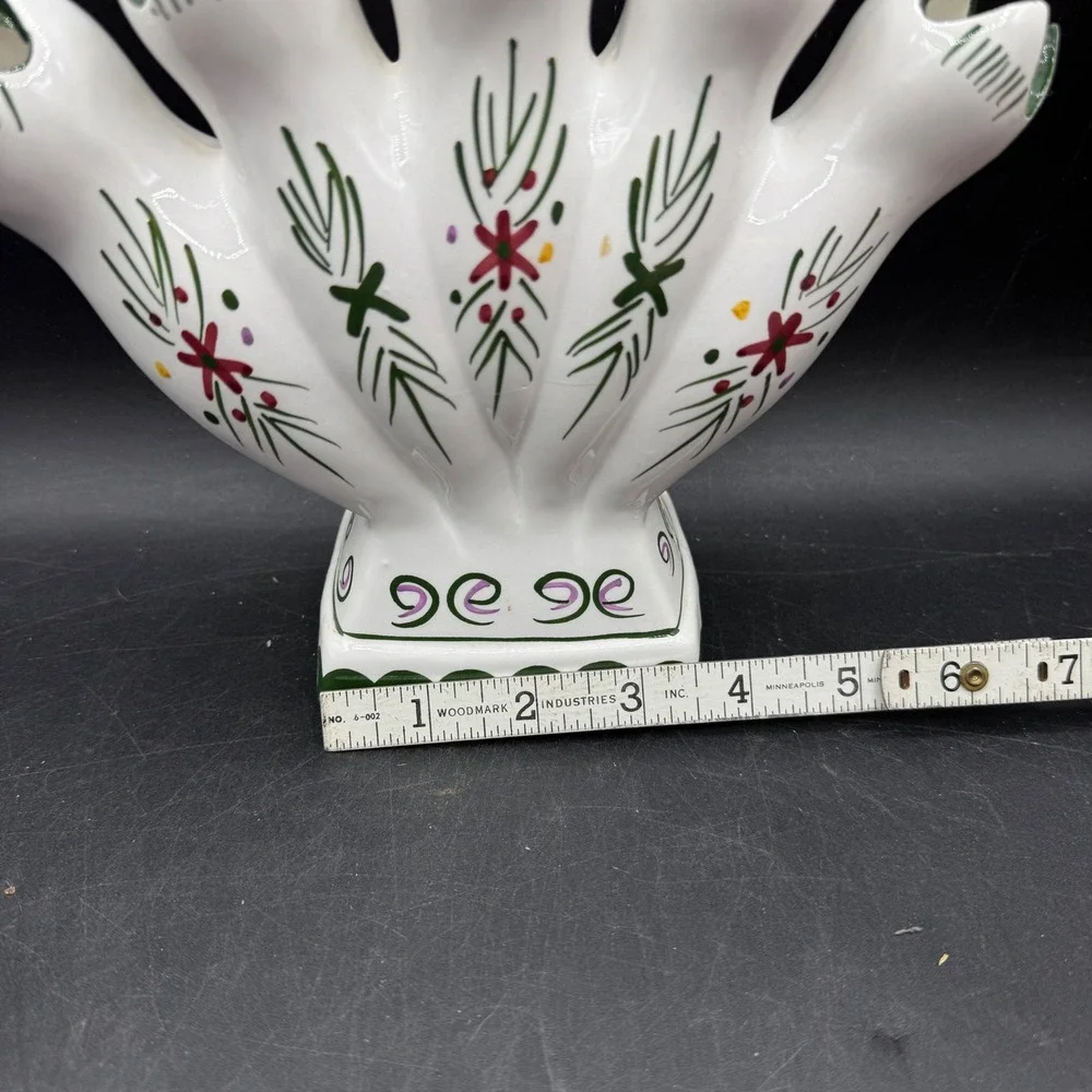 Vintage Ceramic Tulip 5 Finger Vase Hand Painted Floral White Green Portugal